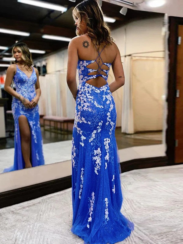 Wholesale Sheath/Column Tulle Applique V-neck Sleeveless Sweep/Brush Train Dresses